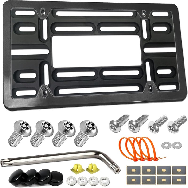 BGGTMO Front License Plate Mounting Kit- Universal License Plate Bracket & Black Aluminum Car Tag Frame for 2 Drill Hole Front Bumper, Adapter Holder with Anti-Theft Screws Bolts Caps Cover Fastener - Image 1